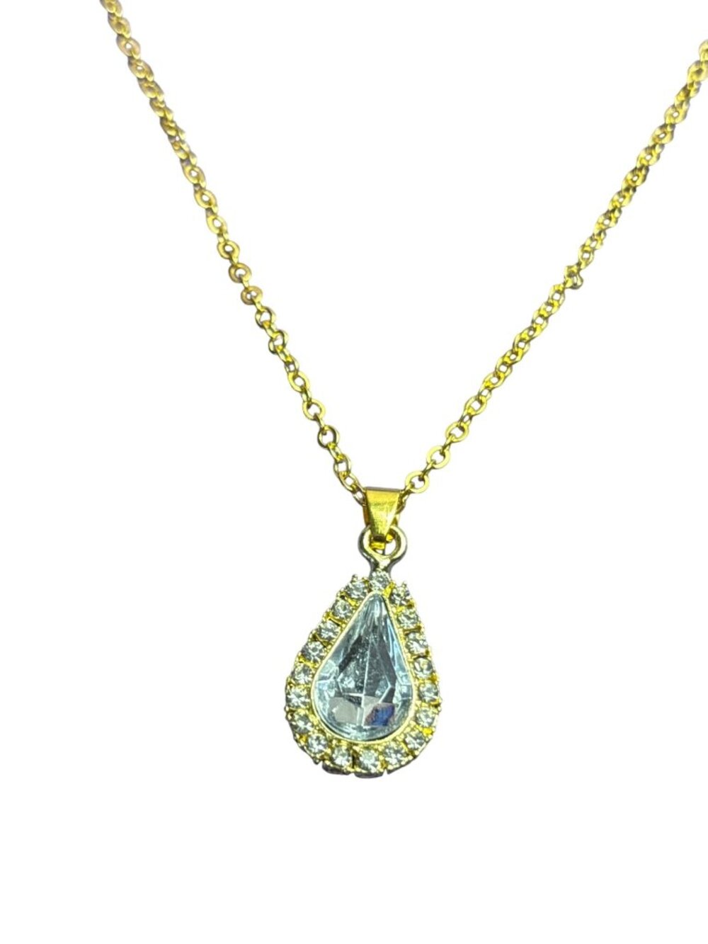 Clear Rhinestone Teardrop Pendant Necklace Goldtone Chain Dainty Minimalist 17 -